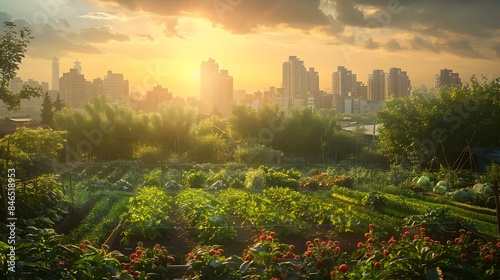 Verdant Urban Oasis A Tilted Perspective of Vibrant Vegetable Patches Basking in Sunset s Golden Glow