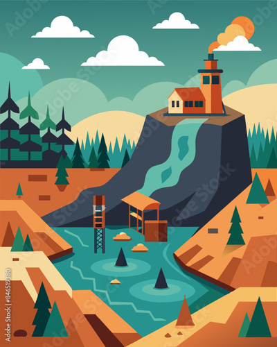 Largescale mining operations using harmful chemicals and leaving behind toxic waste contaminating nearby water sources and damaging surrounding ecosystems.. Vector illustration