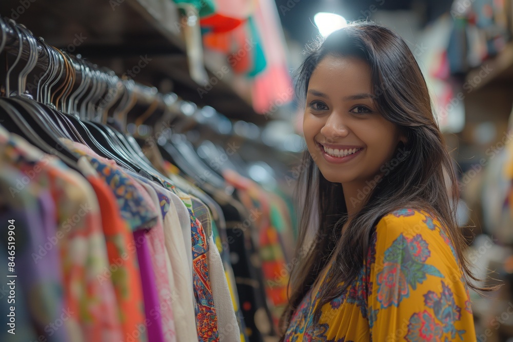 Smiling Indian woman in a yellow floral blouse checks out a secondhand store