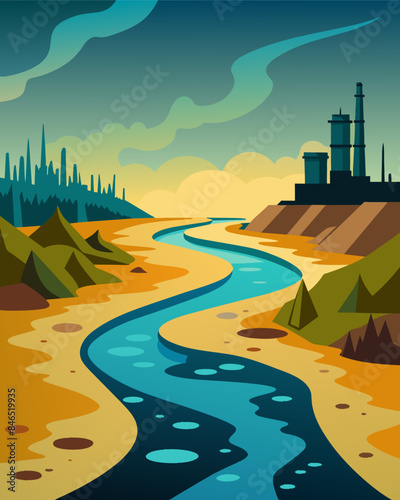 Rivers that once flowed clear and pristine are now tainted with toxic chemicals and waste from nearby industrial sites off aquatic life and disrupting the ecosystem.. Vector illustration