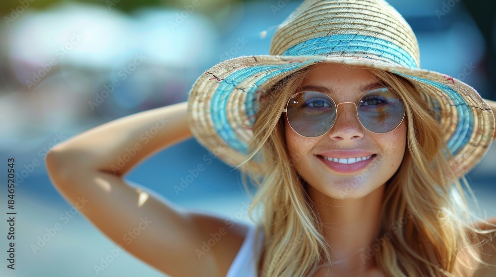 A woman in a straw hat and sunglasses smiles brightly while enjoying a day at the beach A woman in a straw hat and sunglasses smiles brightly while enjoying a day at the beach