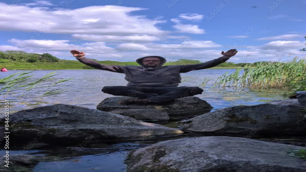 Male hiker in hoodie and glasses sitting on the rock by river and exercising, healthy lifestyle, nature background Male hiker in hoodie and glasses sitting on the rock by river and exercising, healthy lifestyle, nature background