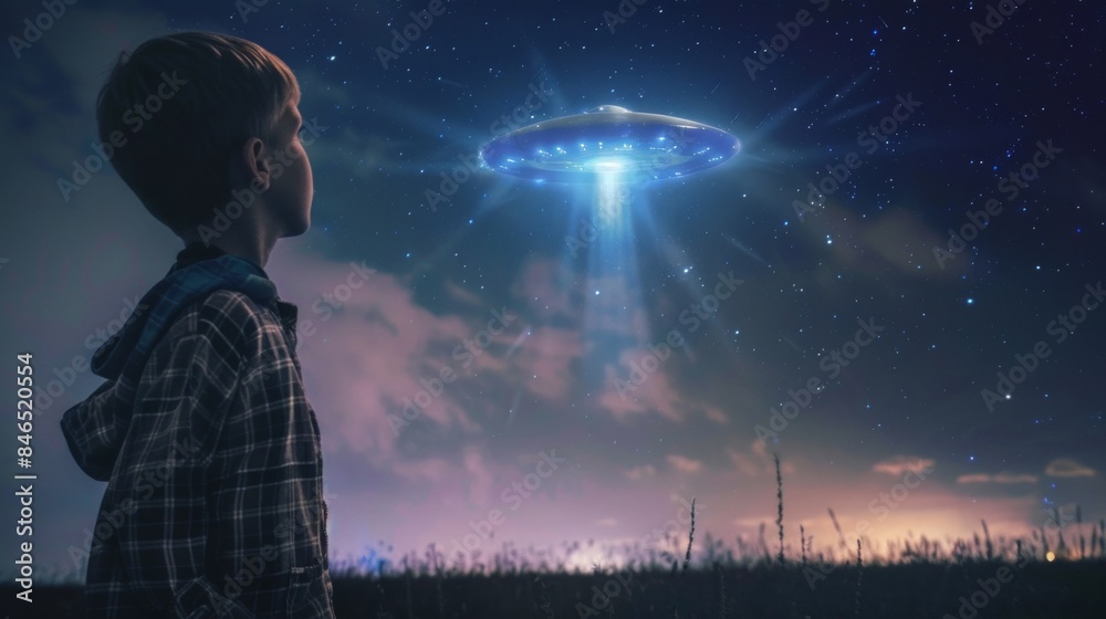 Fototapeta premium A young boy sees a glowing UFO in the dark, magical starry landscape, feeling astonishment, curiosity, and wonder