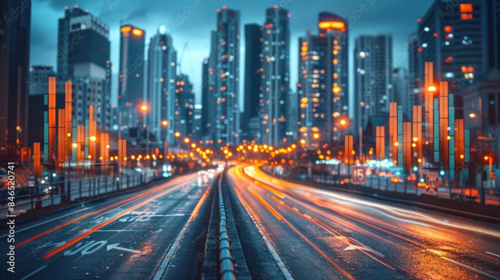 A long exposure photograph of a highway lit up at night, with the cityscape in the background A long exposure photograph of a highway lit up at night, with the cityscape in the background