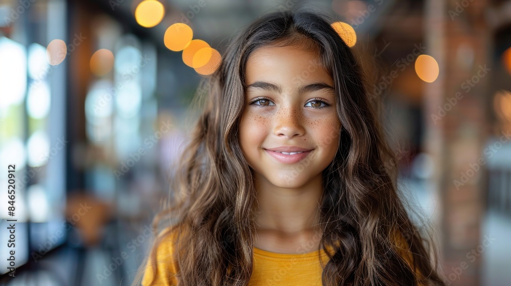 A young girl with long brown hair smiles warmly while standing in a cafe, illuminated by the soft glow of the lights A young girl with long brown hair smiles warmly while standing in a cafe, illuminated by the soft glow of the lights