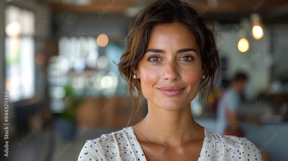 A woman with a bright smile stands in a cafe, bathed in the warm glow of hanging lights A woman with a bright smile stands in a cafe, bathed in the warm glow of hanging lights