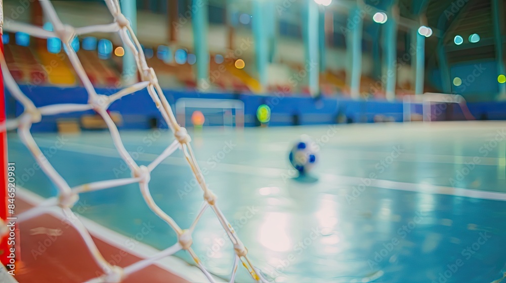 A blurred background of a futsal arena, focusing on the net of a goalpost with a soccer ball on the court. The image captures the atmosphere of an indoor sports facility A blurred background of a futsal arena, focusing on the net of a goalpost with a soccer ball on the court. The image captures the atmosphere of an indoor sports facility