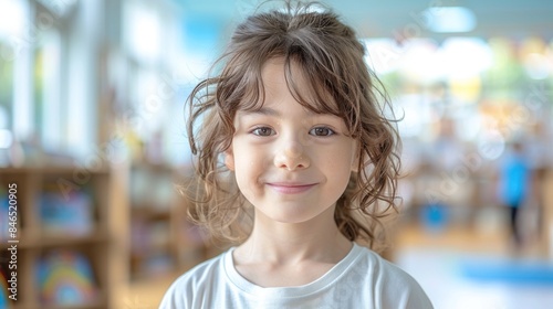A young girl with curly brown hair smiles at the camera inside a brightly lit classroom