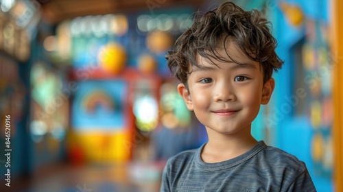 A young boy with curly hair smiles brightly, standing in a colorful indoor play area