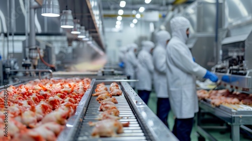 Production line in the food factory.Factory for the production of food from chickens. Industrial equipment at a chicken factory.Automated production line in modern food factory.many People working