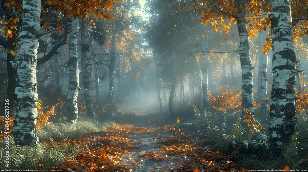 Enchanting Autumn Forest Trail Shrouded in Mystical Mist and Atmospheric Light Enchanting Autumn Forest Trail Shrouded in Mystical Mist and Atmospheric Light