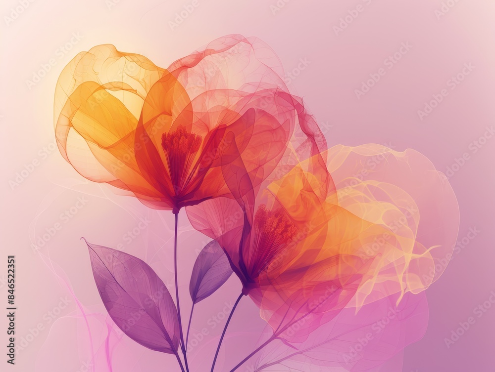 Translucent orange and pink flowers on a pastel background, showcasing delicate beauty Translucent orange and pink flowers on a pastel background, showcasing delicate beauty