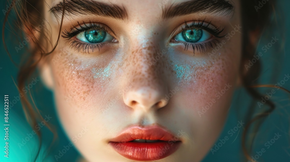 Fototapeta premium Young woman with beautiful bright green eyes with shining blue shadows, beige lipstick and expressive eyebrows, pitted look of colored paper, fashion, beauty, make-up, cosmetics, salon style