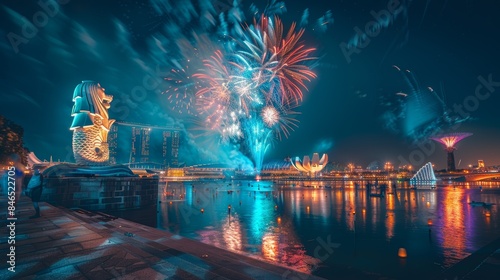 Merlion statue with colorful fireworks in the night sky over Marina Bay, Singapore, reflecting on the water