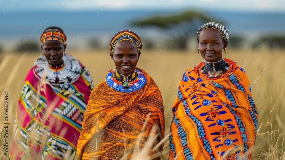 Fototapeta premium Three women wearing colorful clothing stand in a field
