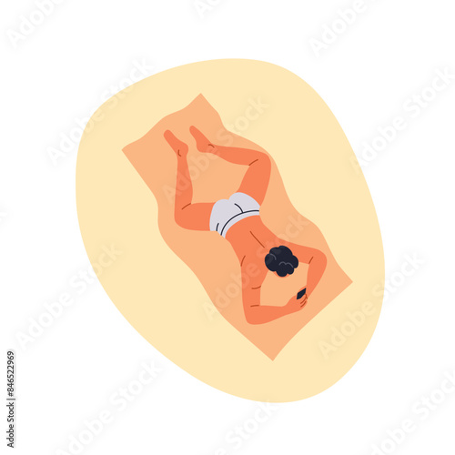 Man relaxing with mobile phone on sand beach. Person lying with smartphone, s...
