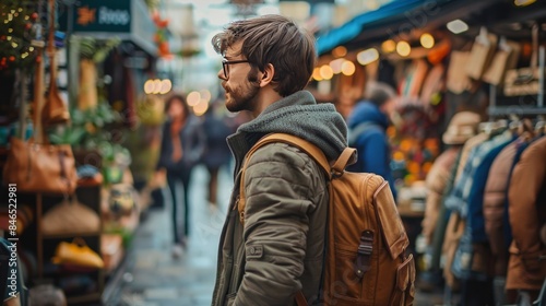 A man wearing a backpack and a green jacket stands in a busy shopping area