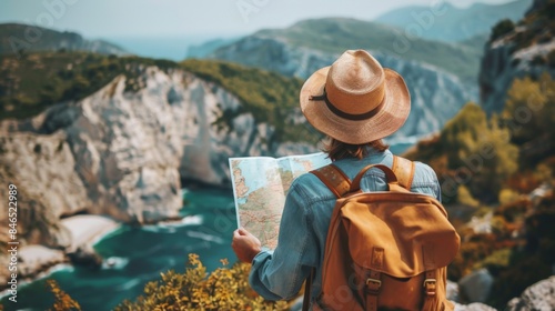 A woman is standing on a cliff with a map in her hand and a backpack on her back