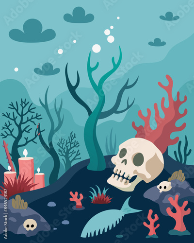The once diverse and thriving coral reefs have turned into bleached skeletons a stark reminder of the destructive effects of pollution from industrial activities.. Vector illustration