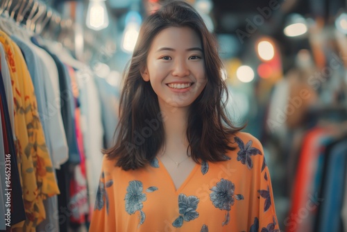 Happy shopper in a vibrant orange blouse at a second hand clothing shop photo