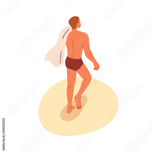 Man walking on sand, summer beach. Person in trunks going away, leaving with ...