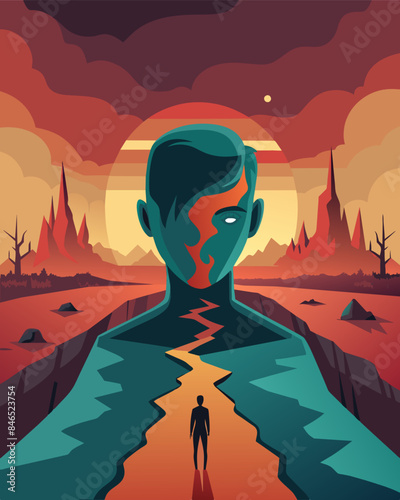 The persons inner turmoil is reflected in the desolate landscape of the emotional battlefield scarred and torn by past conflicts.. Vector illustration