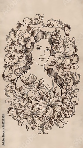 Black and White Beautiful Line Art Floral Woman