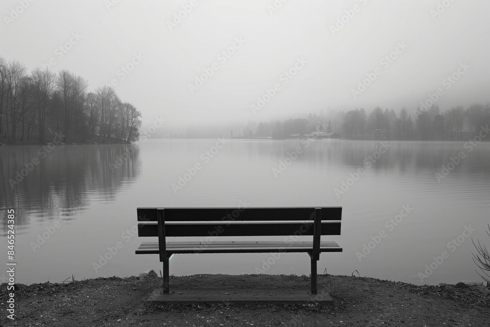 AI generated illustration of a bench overlooking a foggy lake in grayscale