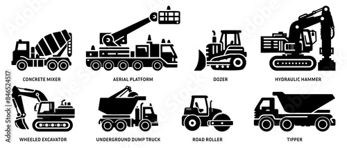 Construction vehicle side view silhouette black filled vector Illustration icon