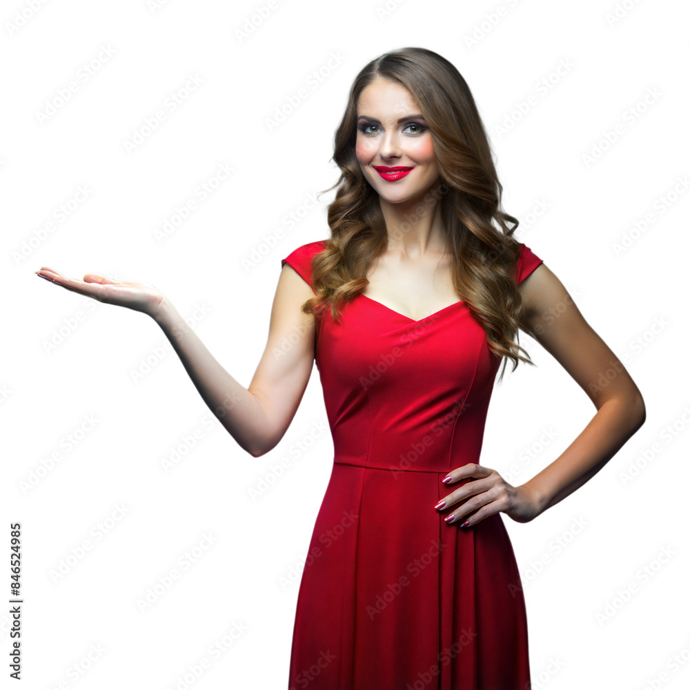 Confident woman in red dress gesturing with open hand