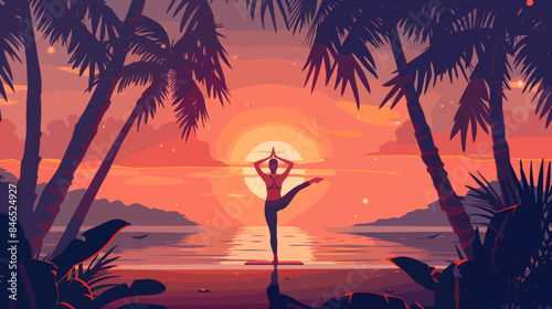 Sunset Yoga by the Beach with Silhouetted Woman Performing Tree Pose Surrounded by Palms and Tranquil Waters