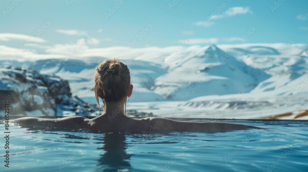 A woman is in a hot tub in front of a mountain range A woman is in a hot tub in front of a mountain range