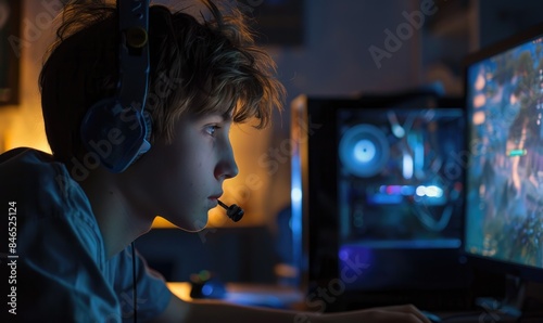 a young boy playing a game on the computer © piai