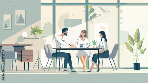 Realtor Meeting with Clients in a Modern Office Discussing New Home Purchase and Interior Design Plans