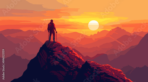 Silhouette of a Hiker at Sunset on Mountain Peak Enjoying Scenic View of Orange Sky and Distant Ranges, Adventure in Nature