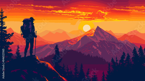 Illustrative depiction of a hiker with backpack standing on mountain peak at sunset, overlooking rugged mountain range and vibrant sky.