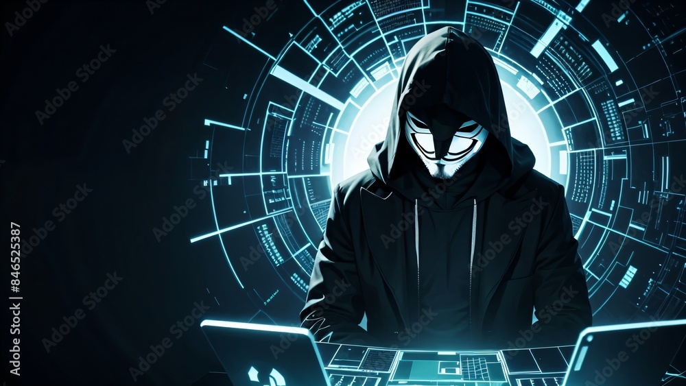 Anonymous hacker wearing a mask and hoodie with glowing data in the background Anonymous hacker wearing a mask and hoodie with glowing data in the background