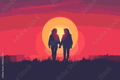 Young lesbian couple holding hands at sunset on horizon, intimate silhouette against colorful sky, romantic LGBTQ+ love concept