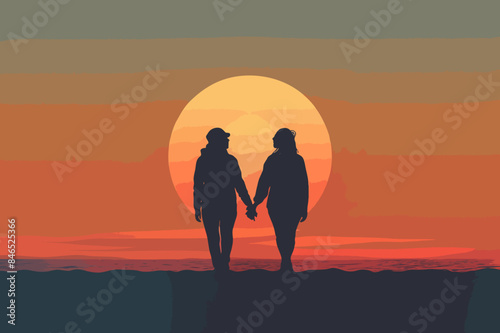 Lesbian couple holding hands walking at sunset on beach, love and bonding during evening stroll