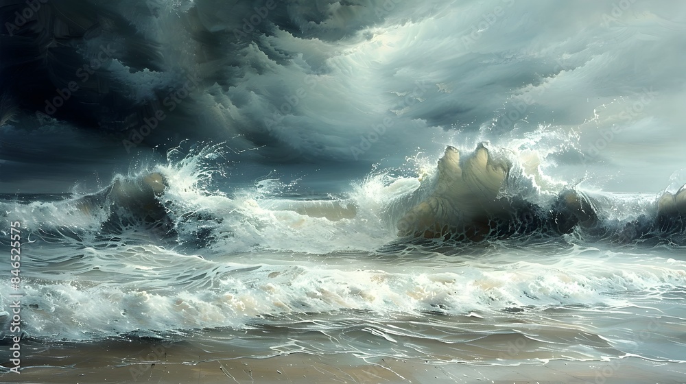 Obraz premium Dramatic Stormy Coastline Captured in Moody Oil Painting Strokes from Worm s eye Perspective