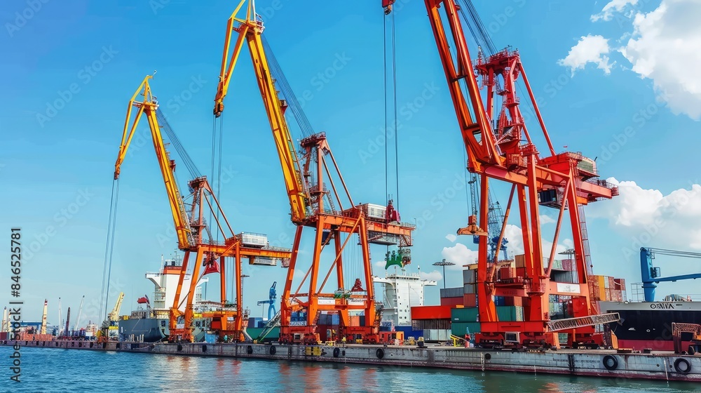 Industrial cranes unloading cargo at a busy port Industrial cranes unloading cargo at a busy port
