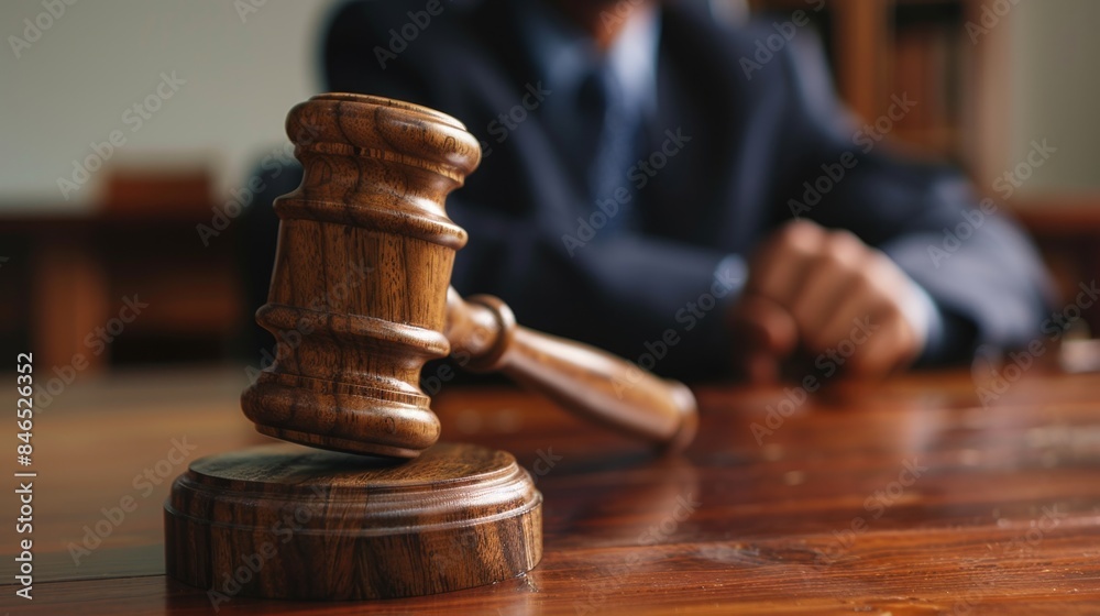 Close-up of Judge's Gavel on Wooden Table, Generative AI Close-up of Judge's Gavel on Wooden Table, Generative AI