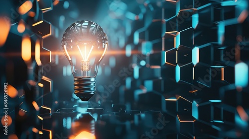 3D floating hexagons forming a lightbulb on a tech-themed background photo