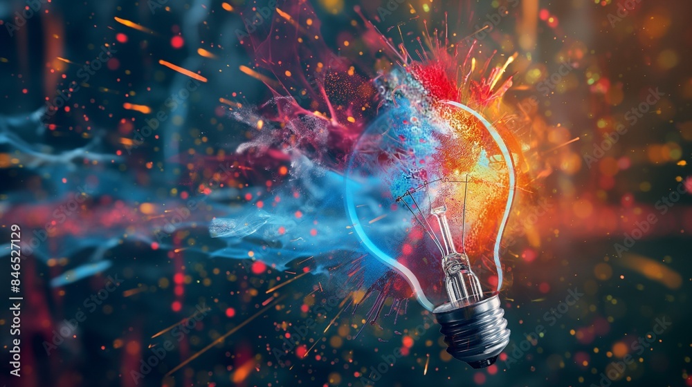 Creative colored light bulb explosion with shards and paint—a creative idea Creative colored light bulb explosion with shards and paint—a creative idea