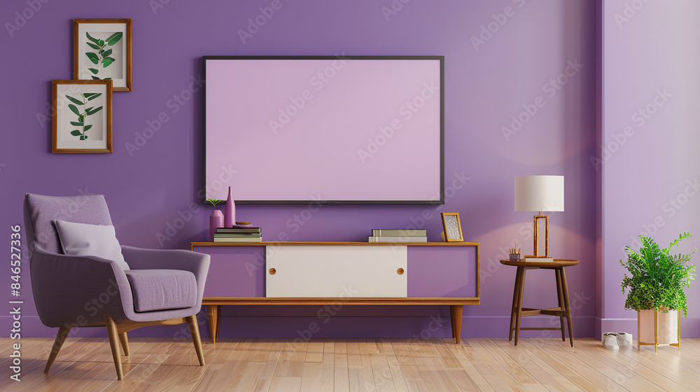 Violet room. Chair, TV cabinet lamp and empty room.Modern design interior. Generative Ai Violet room. Chair, TV cabinet lamp and empty room.Modern design interior. Generative Ai
