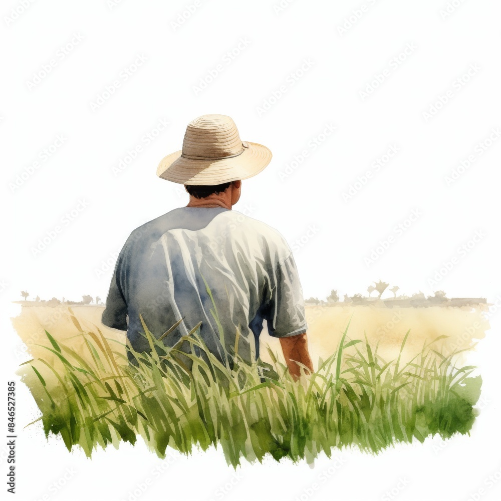 Farmer in a straw hat, peering over a watercolor field of green, hopeful gaze, isolated on white background, watercolor hyper-realistic style Farmer in a straw hat, peering over a watercolor field of green, hopeful gaze, isolated on white background, watercolor hyper-realistic style