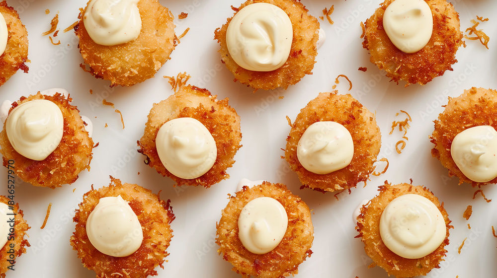 Artistic Close-Up of Panko-Crusted Crab Cakes with Creamy Topping Artistic Close-Up of Panko-Crusted Crab Cakes with Creamy Topping