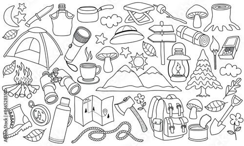 Cute camping and hiking elements doodle set.