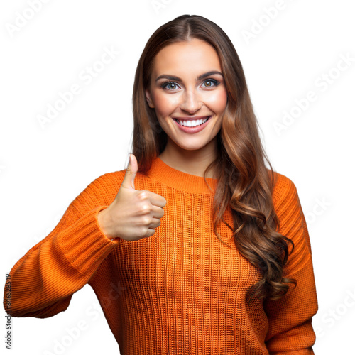 Smiling woman in orange sweater giving thumbs up on transparent background photo