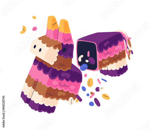 Broken pinata toy. Colorful Mexican paper donkey filled with candies and swee...